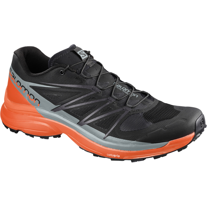 Salomon Singapore Mens Trail Running Shoes - WINGS PRO 3 Black/Grey/Orange | 37409-ODFR